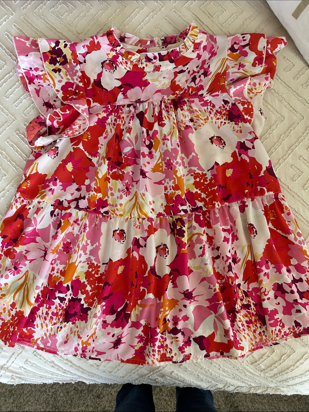 JODIFL:  Women”s Floral Tiered Flutter-Sleeve Swing Top